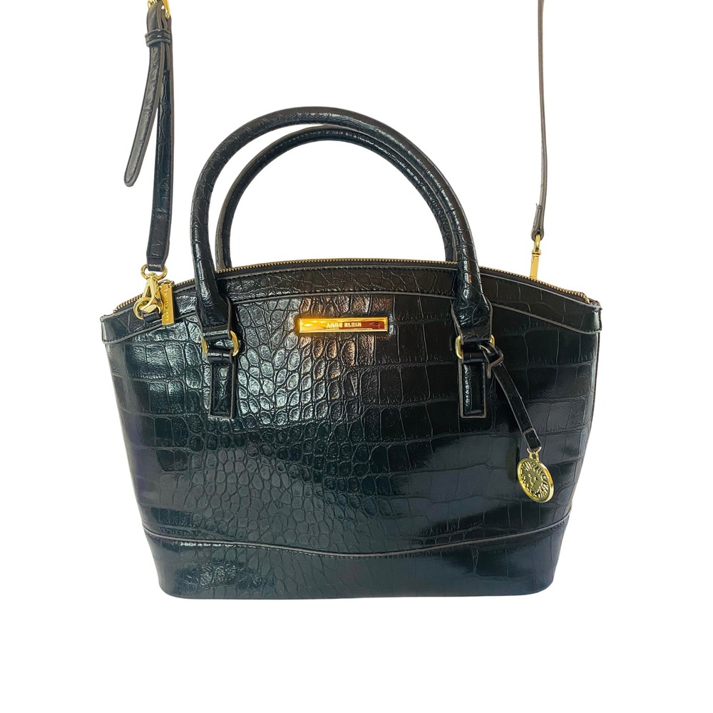 Anne Klein Black Croc Embossed Satchel‎ Handbag Crossbody Bag Gold Tone Hardware